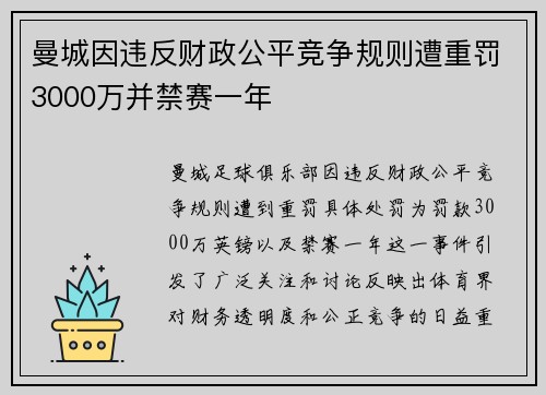 曼城因违反财政公平竞争规则遭重罚3000万并禁赛一年